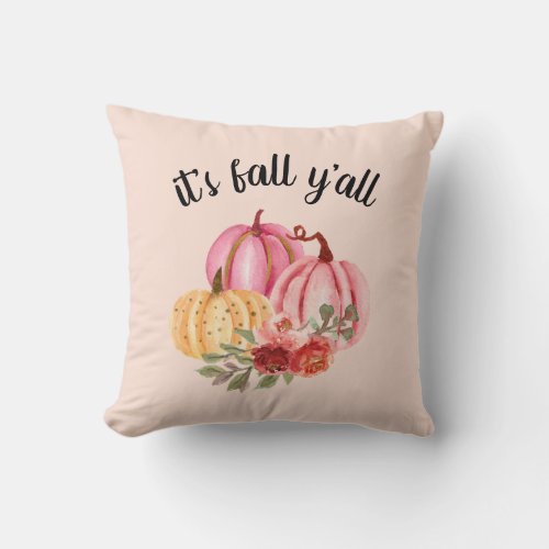 Fall Watercolor Pumpkins Floral Pink Throw Pillow