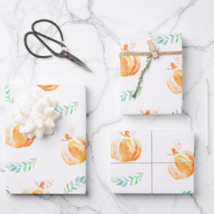 Fall Watercolor Pumpkins & Green Laurels Wrapping Wrapping Paper Sheets