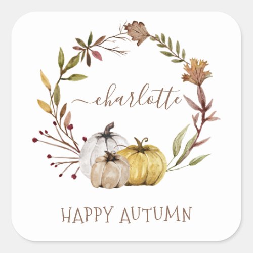 Fall Watercolor Pumpkins Happy Autumn Square Sticker