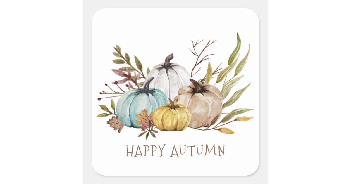 Fall Watercolor Pumpkins Happy Autumn Square Sticker | Zazzle