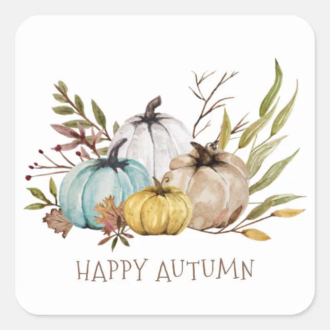 Fall Watercolor Pumpkins Happy Autumn Square Sticker | Zazzle