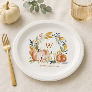 Fall Watercolor Pumpkins Monogram Thanksgiving Paper Plates