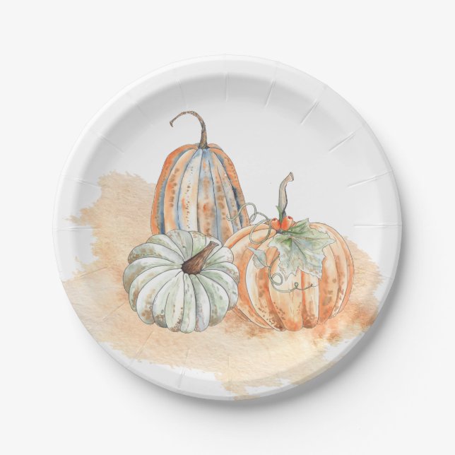 Fall Watercolor Pumpkins Paper Plates (Front)
