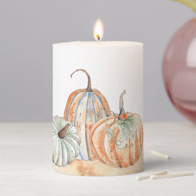 Fall Watercolor Pumpkins Pillar Candle (In Situ)