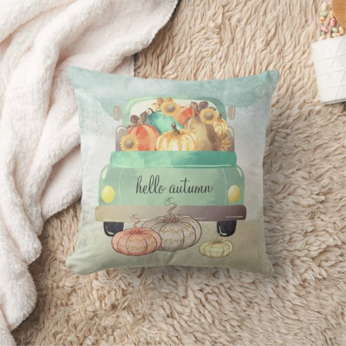 Fall Watercolor Pumpkins Truck Throw Pillow