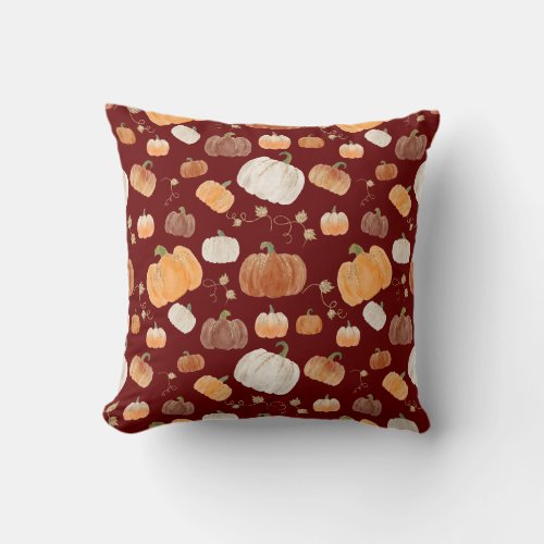Fall Watercolor Pumpkins with Burgundy Background Throw Pillow