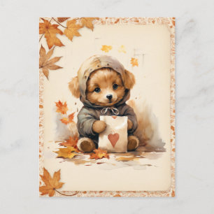 Fall Watercolor Puppy holding a letter Postcard