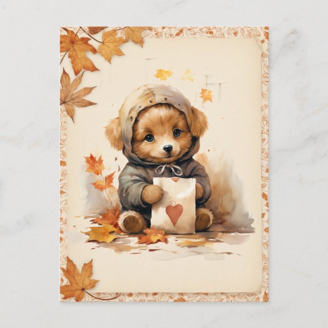 Fall Watercolor Puppy holding a letter Postcard (Front)