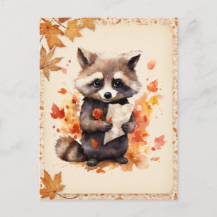 Fall Watercolor Raccoon holding a letter - Postcard