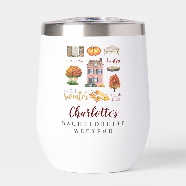 Fall Watercolor Rustic Bachelorette Party Thermal Wine Tumbler (Front)