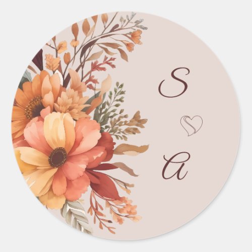 Fall Watercolor Rustic Floral Monogram Wedding  Classic Round Sticker