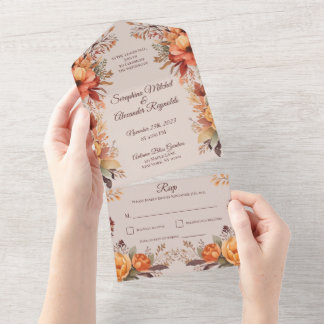 Fall Watercolor Rustic Floral Wedding All In One Invitation