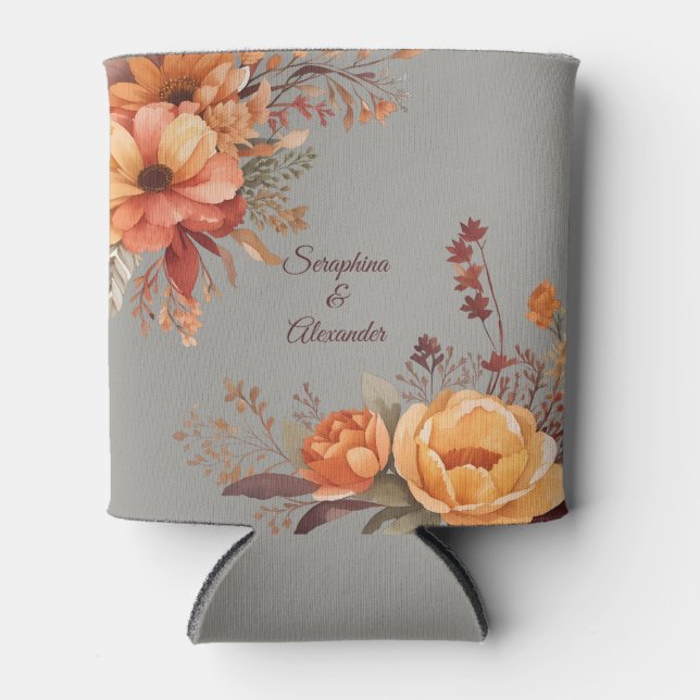 Fall Watercolor Rustic Floral Wedding Can Cooler (Front)