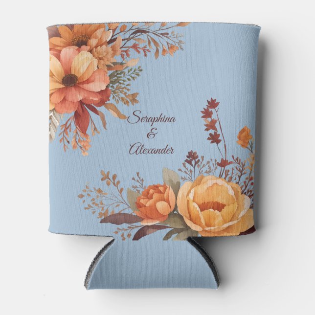 Fall Watercolor Rustic Floral Wedding Can Cooler (Front)