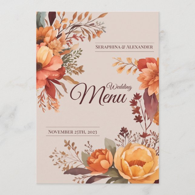 Fall Watercolor Rustic Floral Wedding Menu (Front)