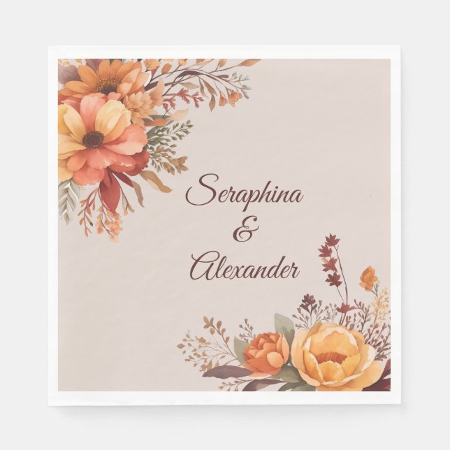 Fall Watercolor Rustic Floral Wedding Napkins (Front)
