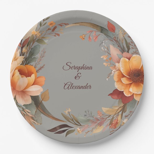 Fall Watercolor Rustic Floral Wedding Paper Plates (Front)