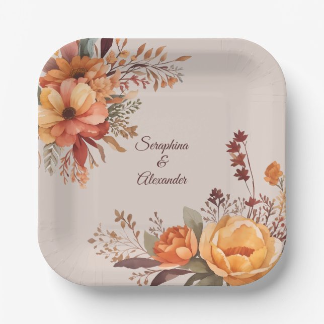 Fall Watercolor Rustic Floral Wedding Paper Plates (Front)