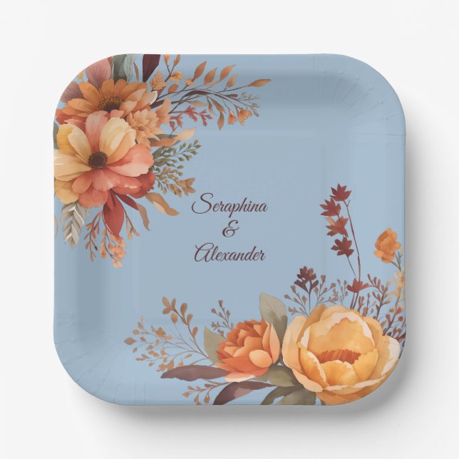 Fall Watercolor Rustic Floral Wedding Paper Plates (Front)
