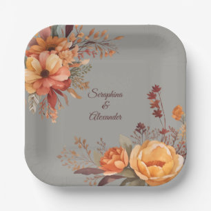 Fall Watercolor Rustic Floral Wedding Paper Plates