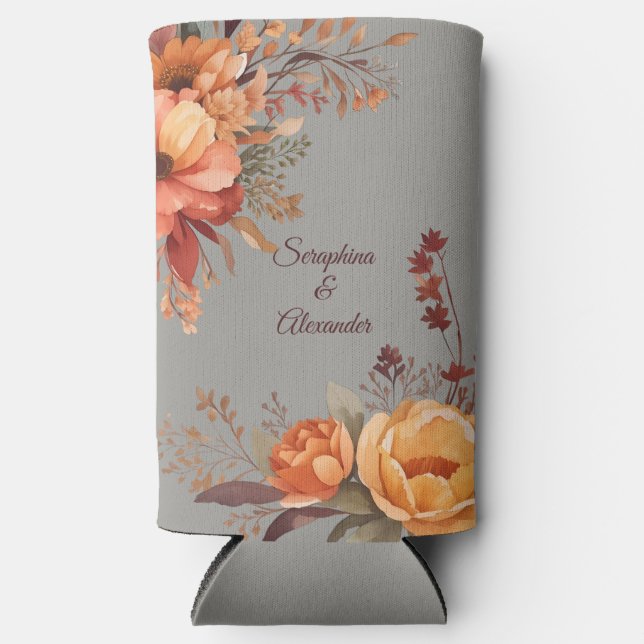 Fall Watercolor Rustic Floral Wedding Seltzer Can Cooler (Front)