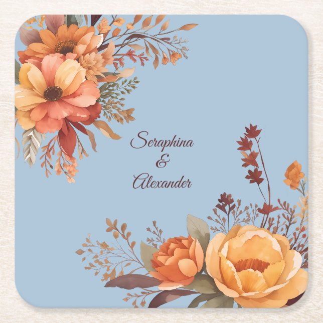 Fall Watercolor Rustic Floral Wedding Square Paper Coaster (Front)