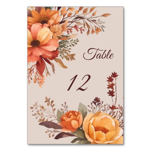Fall Watercolor Rustic Floral Wedding  Table Number