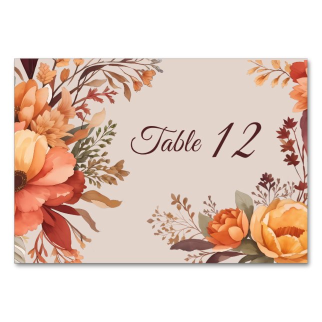 Fall Watercolor Rustic Floral Wedding  Table Number (Front)