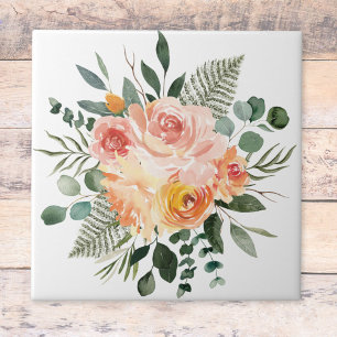 Fall Watercolor Rustic Pink Peach Flower Bouquet Ceramic Tile