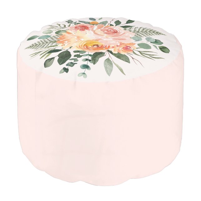 Fall Watercolor Rustic Pink Peach Flower Bouquet  Pouf (Angled Back)