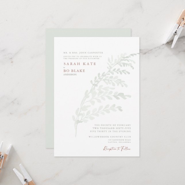 Fall Watercolor Simple Foliage Sage & Rust Wedding Invitation (Front/Back In Situ)