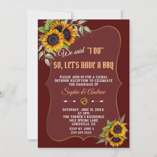 Fall Watercolor Sunflowers Burgundy I DO BBQ Invitation