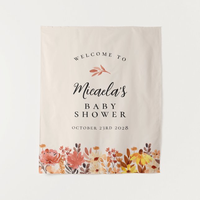 Fall Watercolor Wildflower Baby Shower Welcome Tapestry (Front)