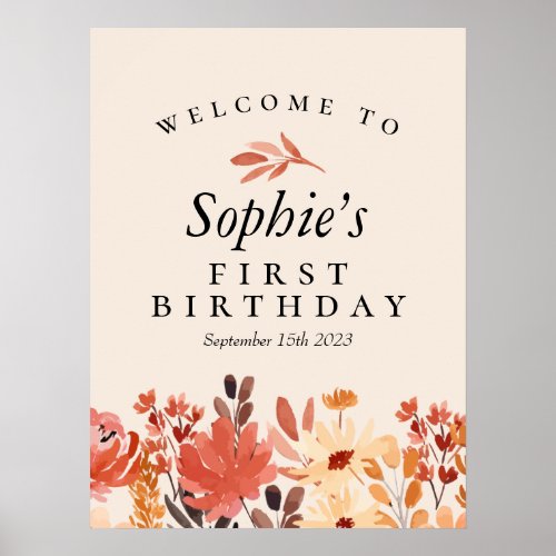 Fall Watercolor Wildflower Birthday Welcome Poster - Fall Watercolor Wildflower Birthday Welcome Sign