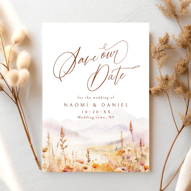 Fall Watercolor Wildflower Mountain Rustic Wedding Save The Date (Fall Watercolor Wildflower Mountain Rustic Wedding Save The Date)