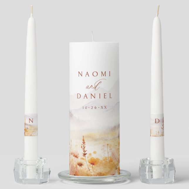 Fall Watercolor Wildflower Mountain Rustic Wedding Unity Candle Set (Front)