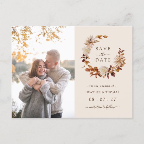 Fall Watercolor Wreath Wedding Photo Save The Date Announcement Postcard