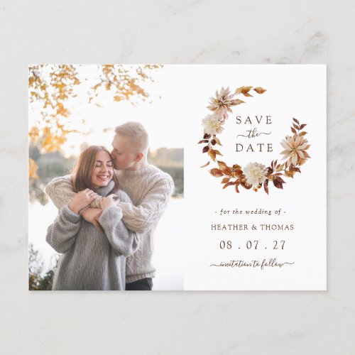 Fall Watercolor Wreath Wedding Photo Save The Date Announcement Postcard