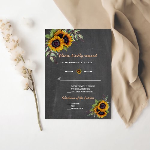 Fall Watercolour Sunflowers Chalkboard Wedding RSVP Card