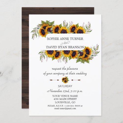 Fall Watercolour Sunflowers Frame Wood Wedding Invitation