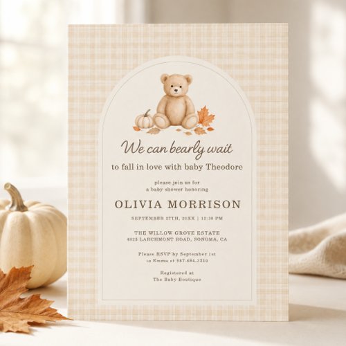 Fall We Can Bearly Wait Gingham Baby Shower Invitation
