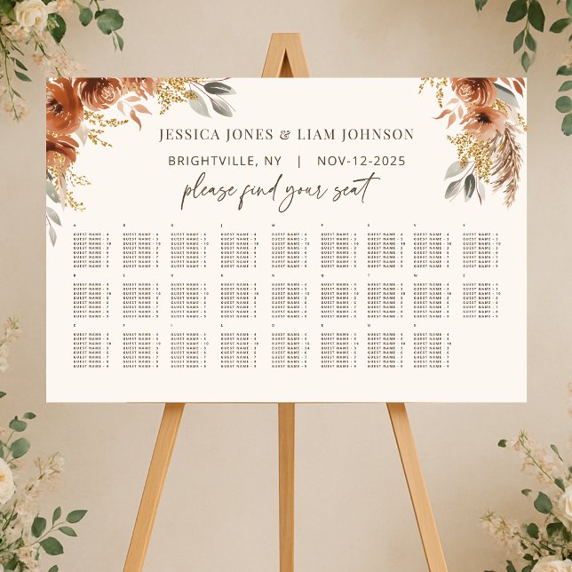 Fall Wedding Alphabetic Guest Seating Chart Sign (Fall Wedding Alphabetic Guest Seating Chart Sign)