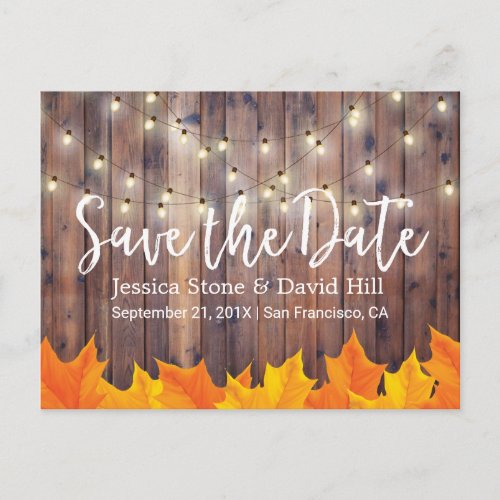 Fall Wedding Autumn Leaves Barn Wood Save the Date Announcement Postcard