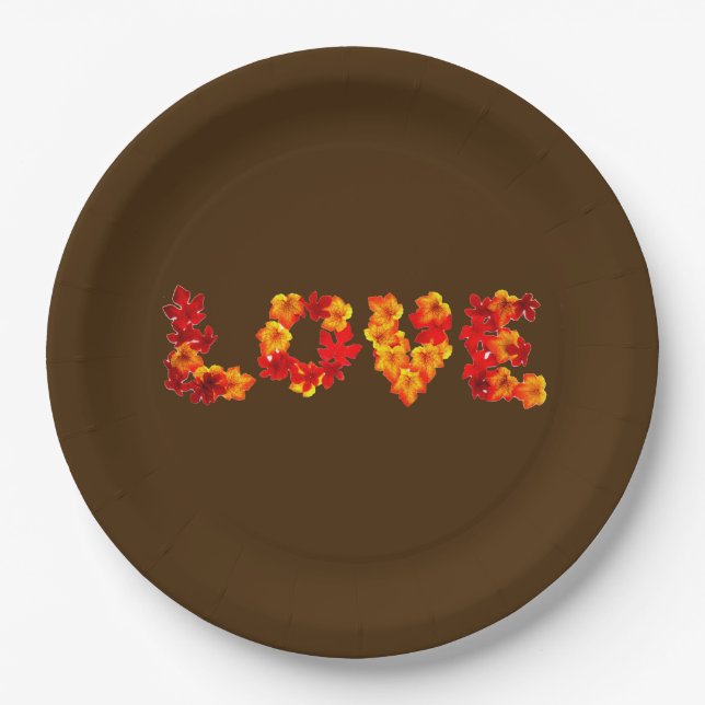 Fall Wedding Autumn Rustic Love Leaves Brown Paper Plates (Front)