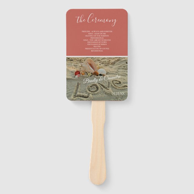 Fall Wedding Beach, Shells love Sand Coral Peach Hand Fan (Front)