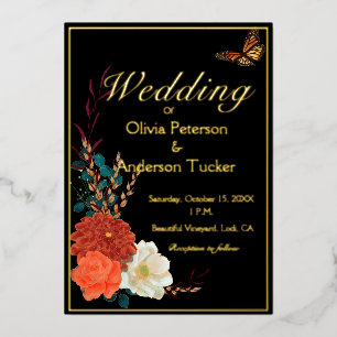 Fall Wedding Black Floral Monarch Butterfly Foil Invitation