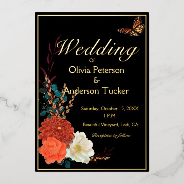 Fall Wedding Black Floral Monarch Butterfly Foil Invitation (Front)