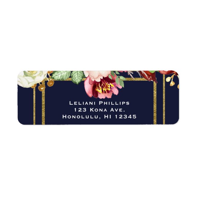 Fall Wedding Blue & Gold Chic Bold Floral Marsala Label (Front)