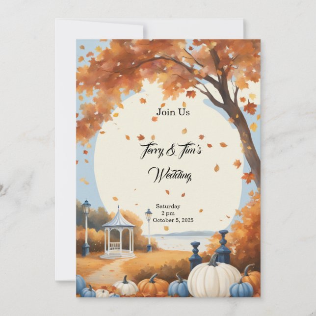 Fall Wedding Blue White Pumpkins Invitation (Front)