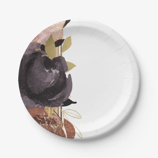 Fall Wedding Bold Glam Flowers Modern Floral Paper Plates (Front)